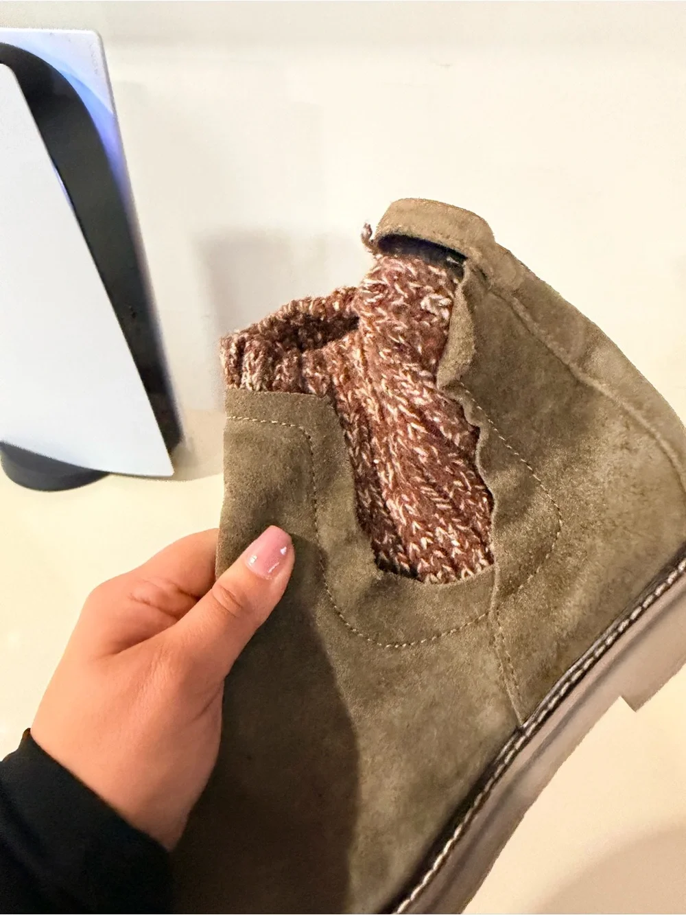 Comfortiva Olive Suede Ankle Bootie with Knit Cuff